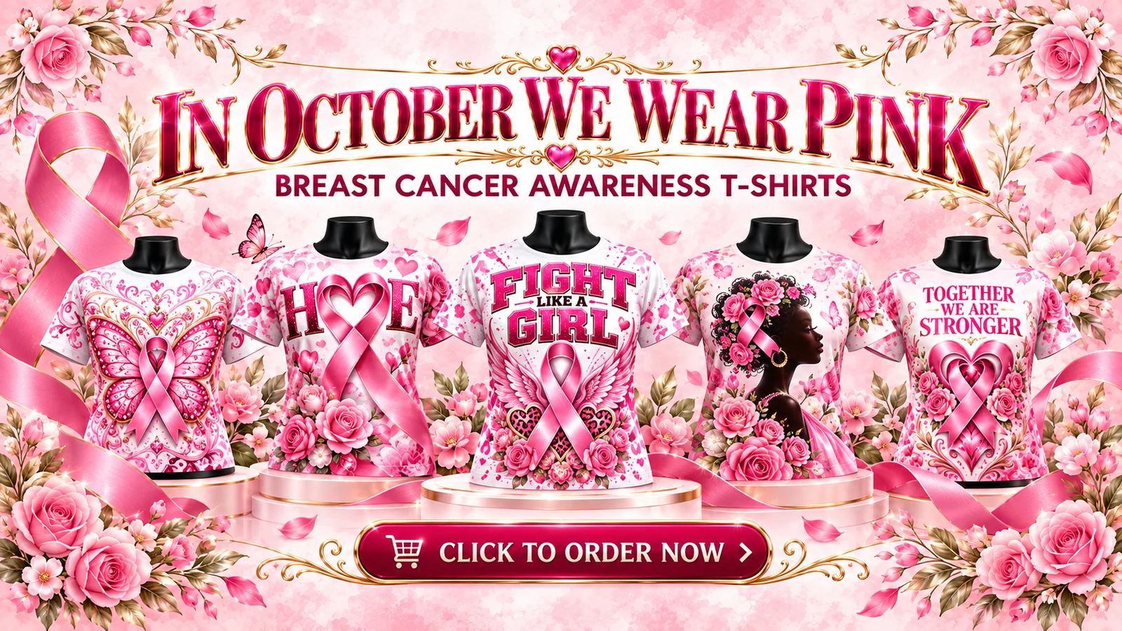 In October we wear pink: Breast Cancer Awareness T-shirts. Click to order now.