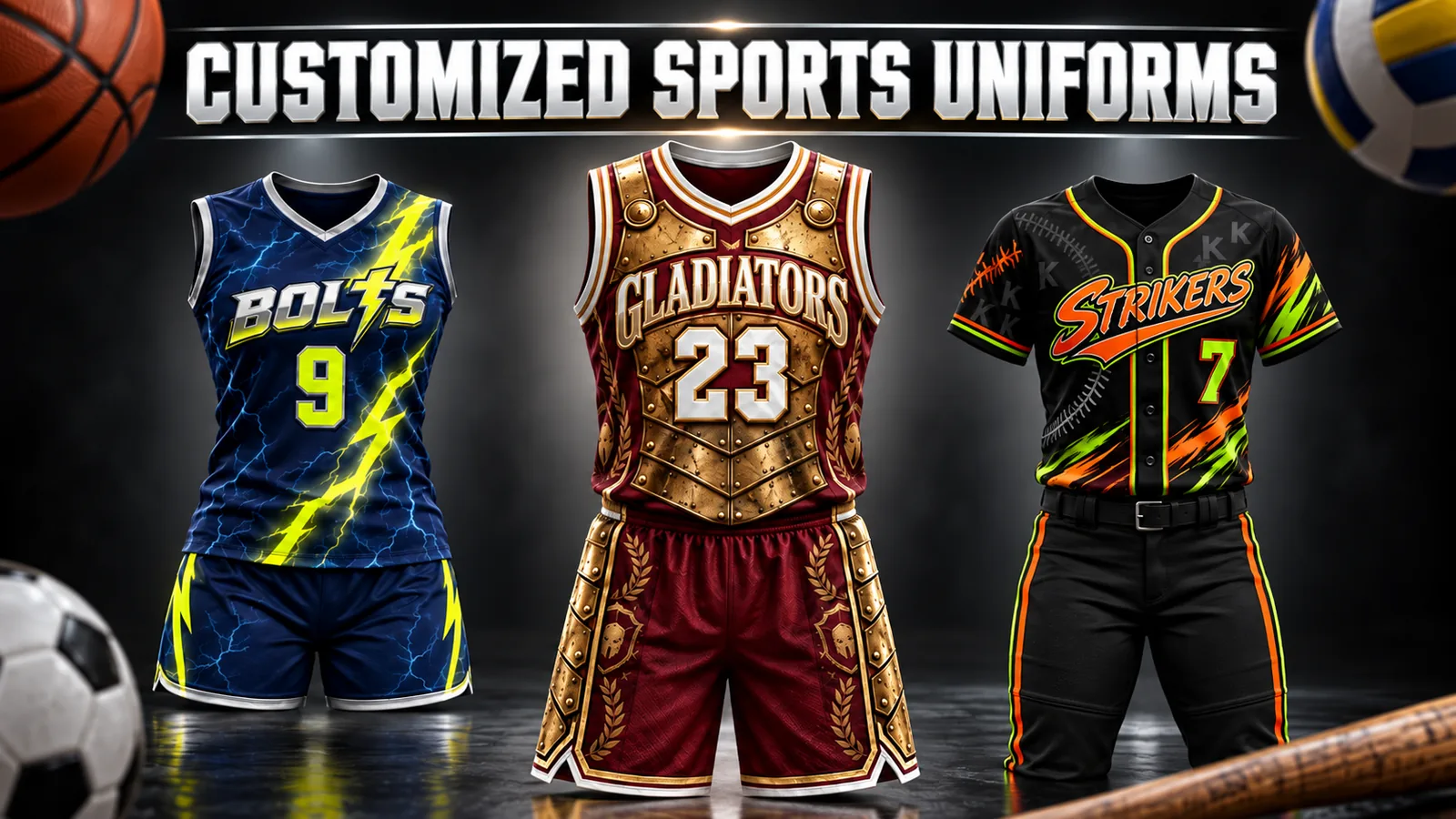 Customized sports uniforms: a navy Bolts volleyball set with number 9 and yellow lightning, a maroon and gold Gladiators basketball uniform with number 23, and a black Strikers baseball uniform with number 7.